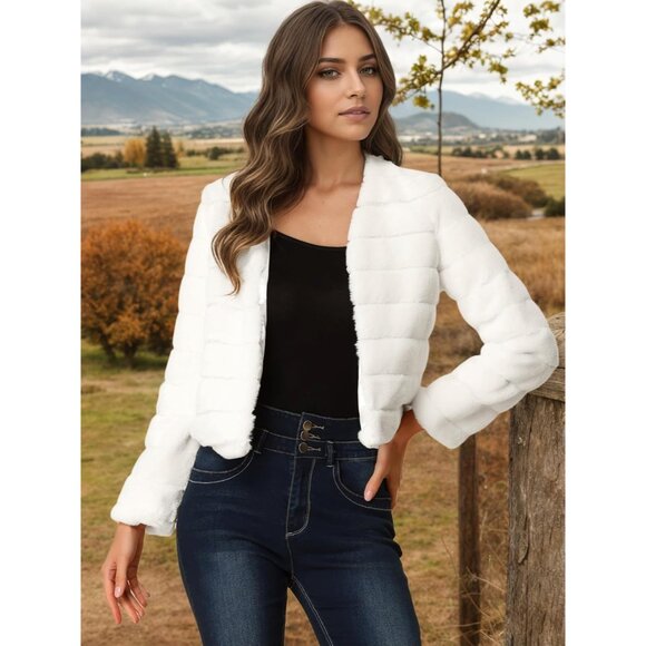 Women's Faux Fur Coat Long Sleeve Cropped Fluffy Jacket Collarless Casual Winter - Picture 2 of 6